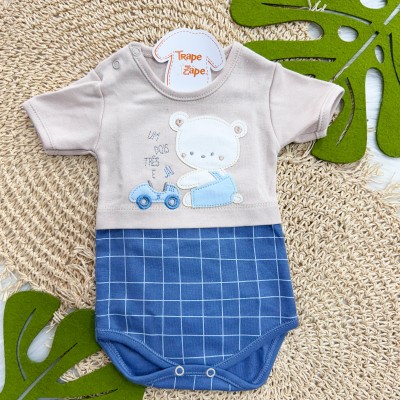 Kit 3 Peças - Bodys Manga Curta Um, Dois, Três e Já! - Azul Bebê, Areia e Off White